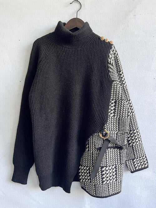 Houndstooth Turtleneck Long Sleeve Slit Sweater - WAZKA