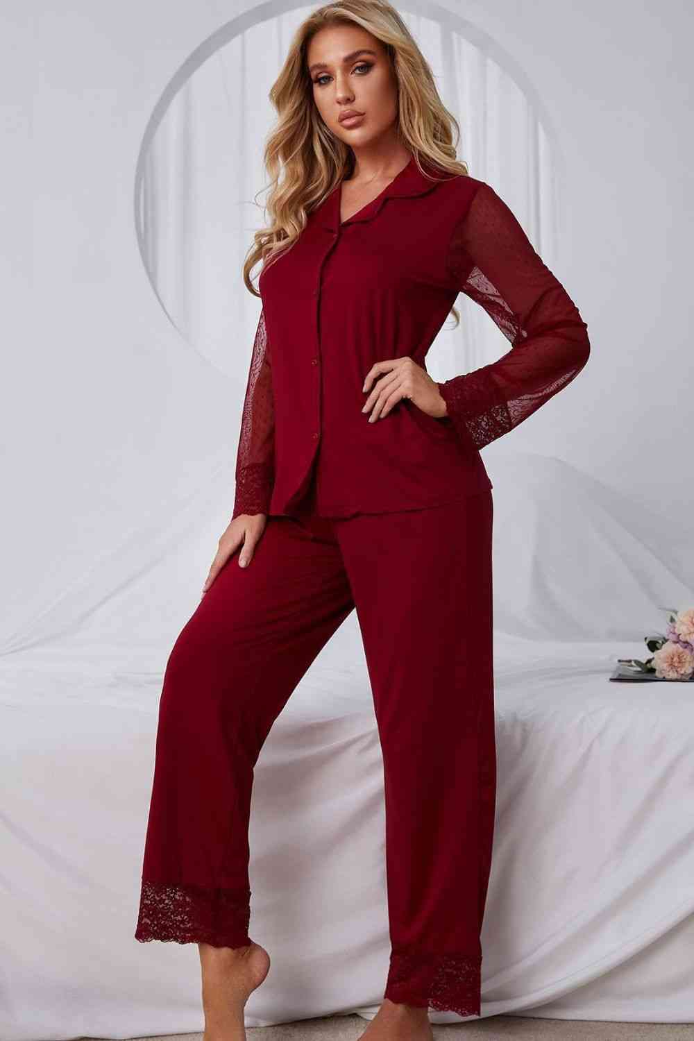 Spliced Lace Lapel Collar Pajama Set - WAZKA