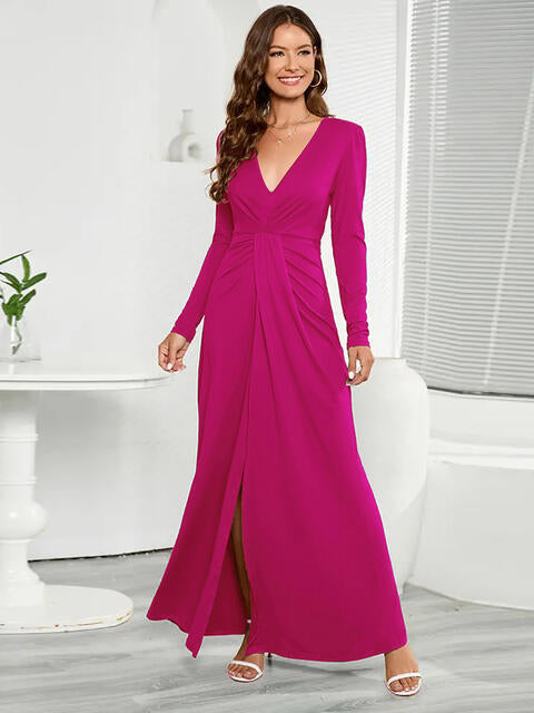 V-Neck Long Sleeve Split Dress - WAZKA