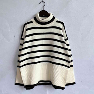 Striped Turtleneck Flare Sleeve Sweater - WAZKA