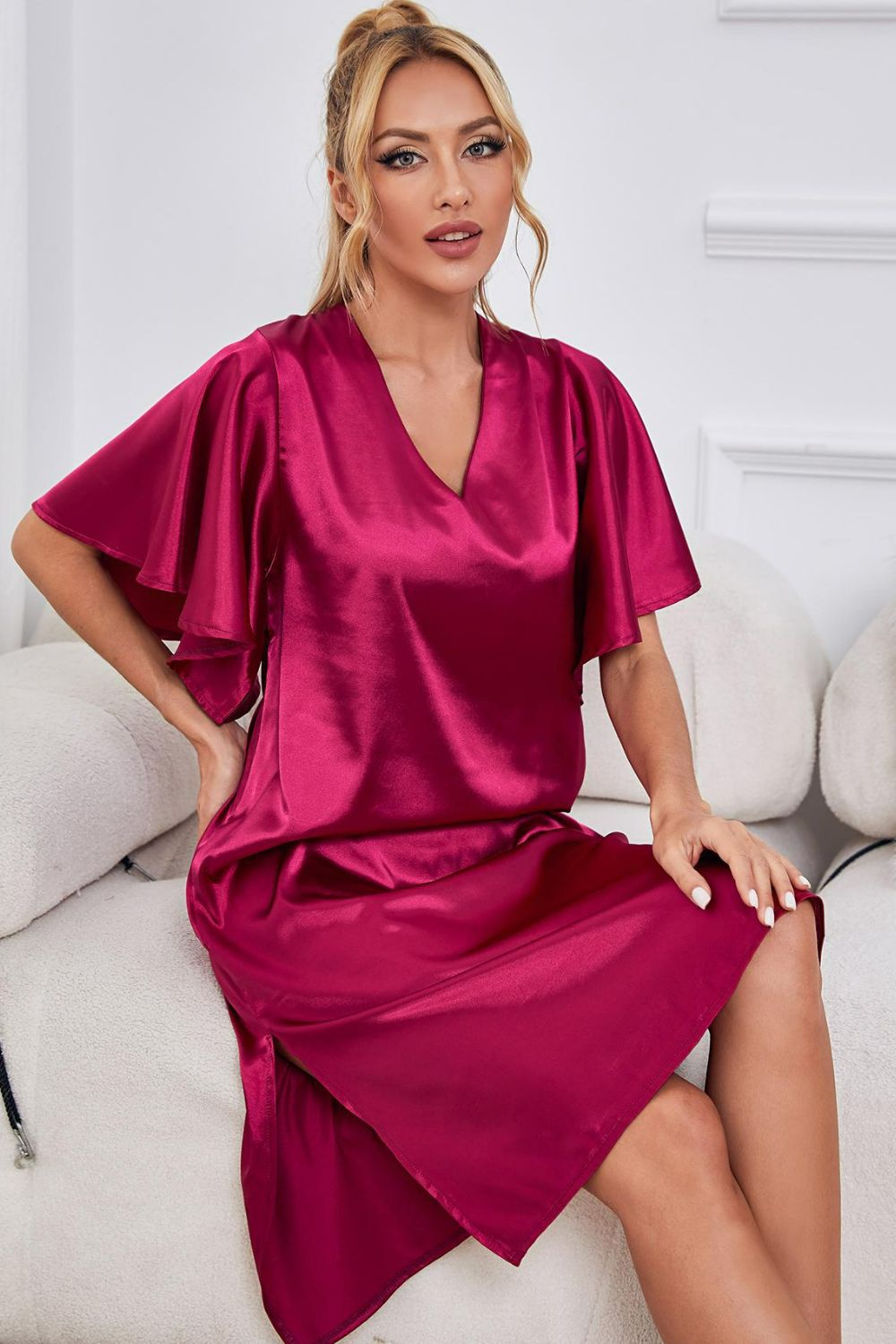 Satin Flutter Sleeve Side Slit V-Neck Night Dress - WAZKA