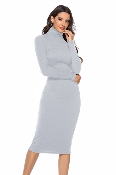 Ribbed Turtleneck Long Sleeve Dress - WAZKA