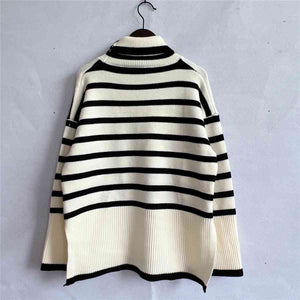 Striped Turtleneck Flare Sleeve Sweater - WAZKA