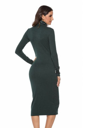 Ribbed Turtleneck Long Sleeve Dress - WAZKA