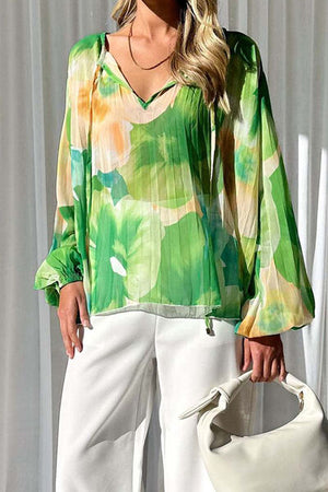 Printed Tie Neck Balloon Sleeve Blouse