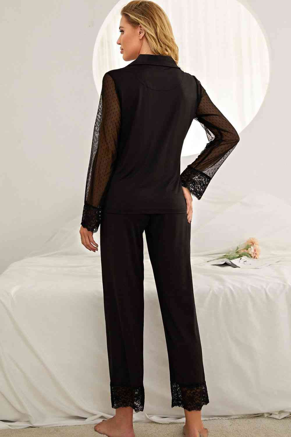 Spliced Lace Lapel Collar Pajama Set - WAZKA