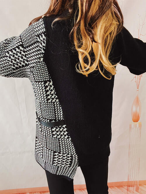 Houndstooth Turtleneck Long Sleeve Slit Sweater - WAZKA