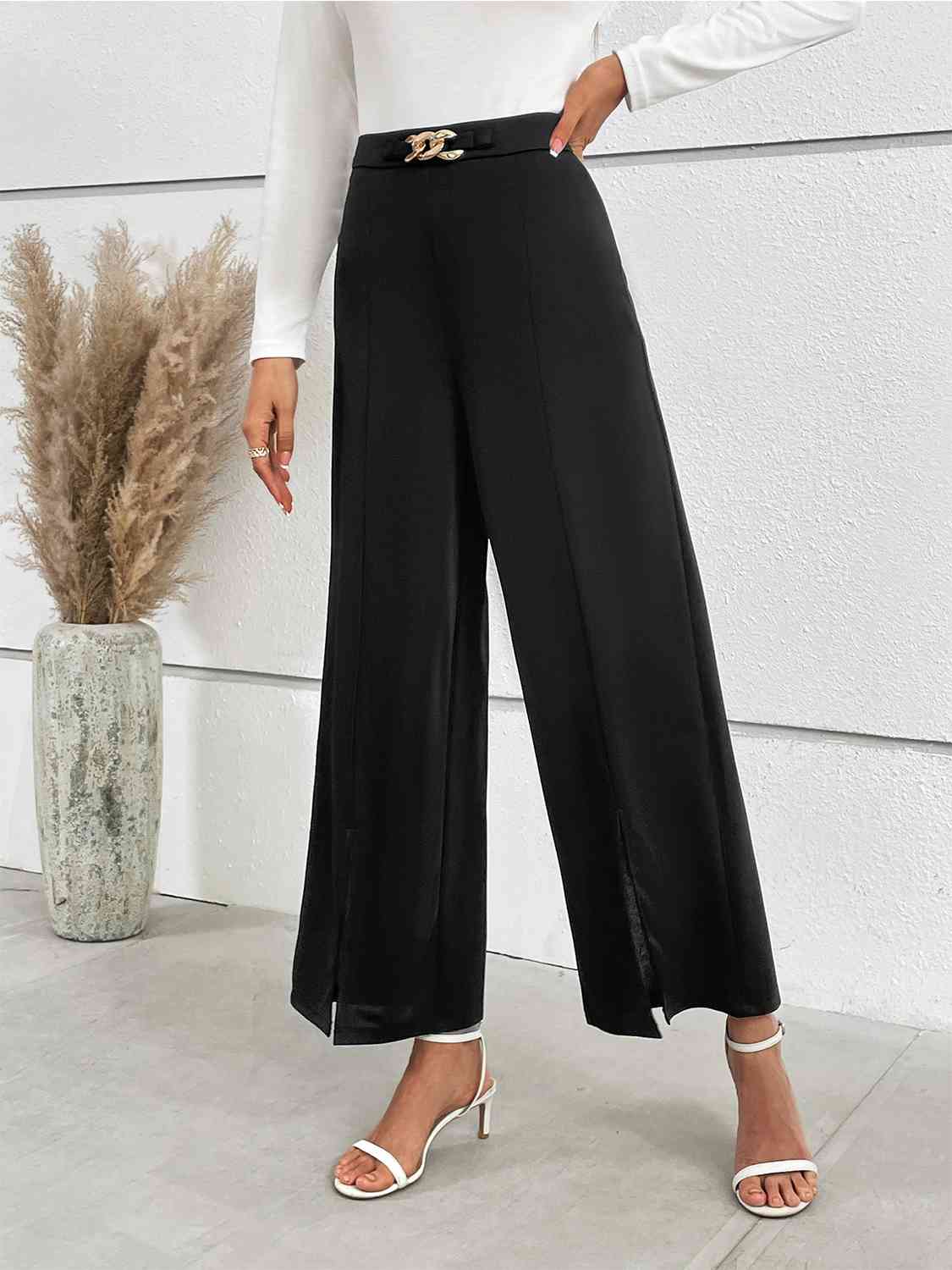 Chain Detail Slit Straight Pants - WAZKA