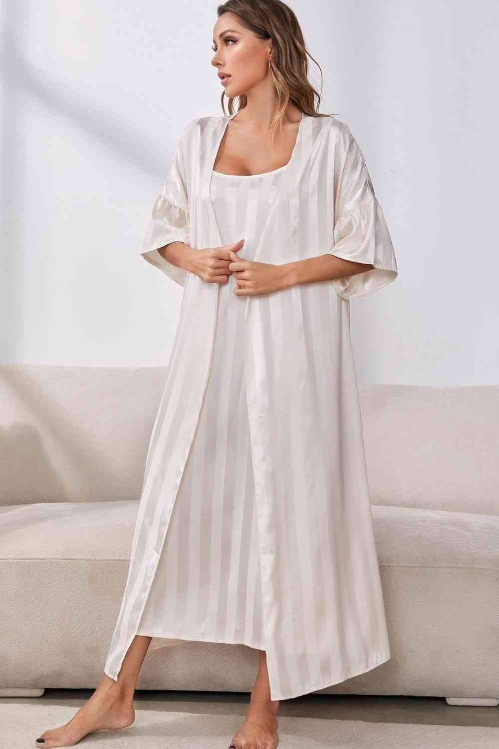 Striped Flounce Sleeve Open Front Robe and Cami Dress Set - WAZKA