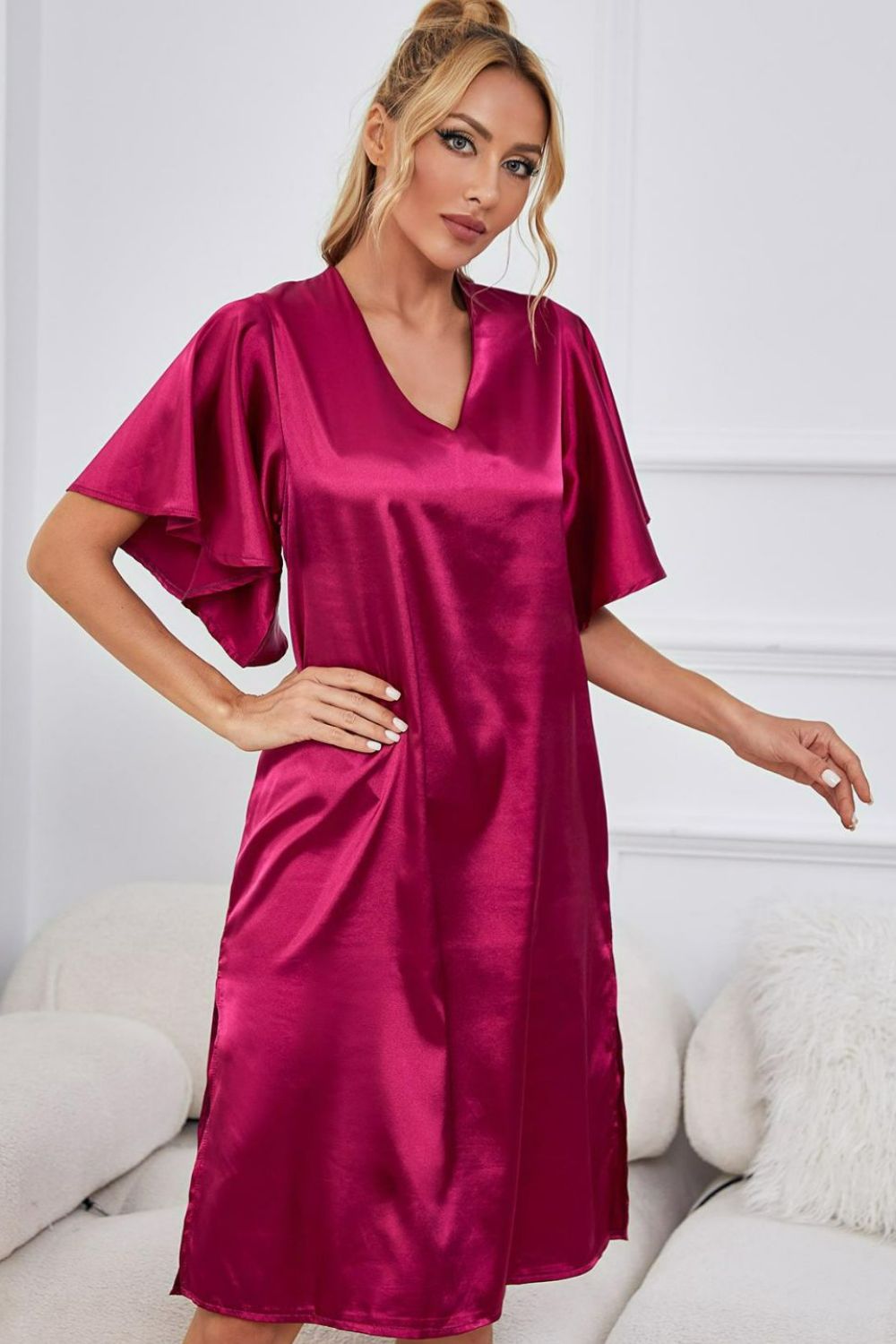 Satin Flutter Sleeve Side Slit V-Neck Night Dress - WAZKA