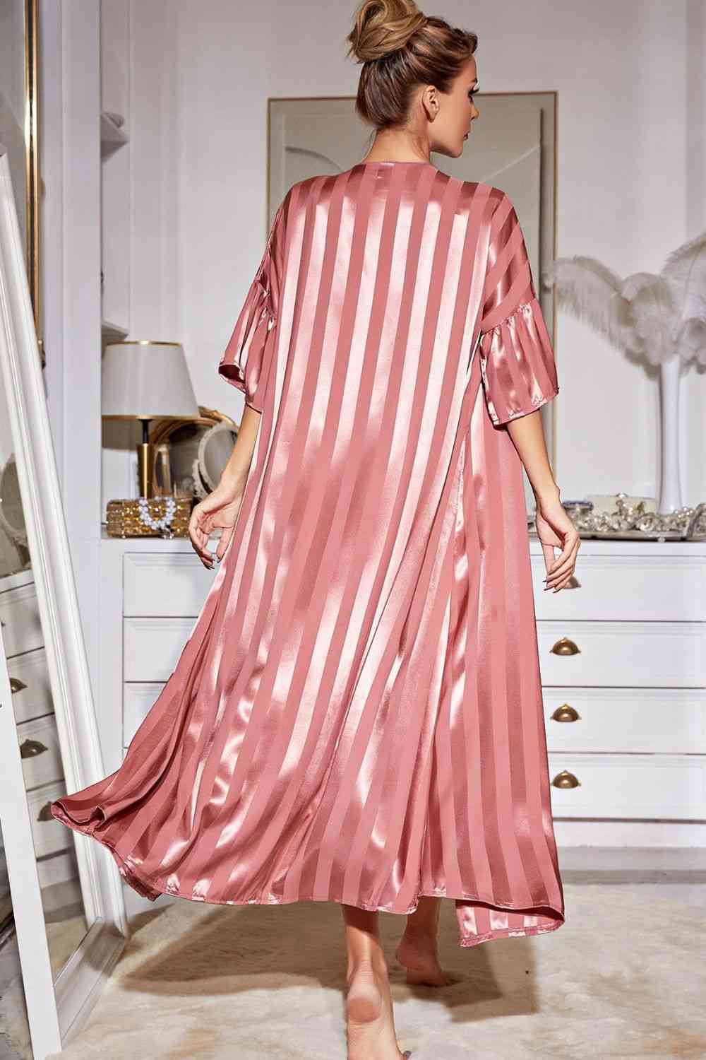 Striped Flounce Sleeve Open Front Robe and Cami Dress Set - WAZKA