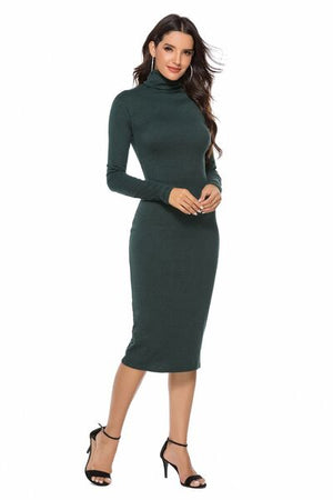 Ribbed Turtleneck Long Sleeve Dress - WAZKA