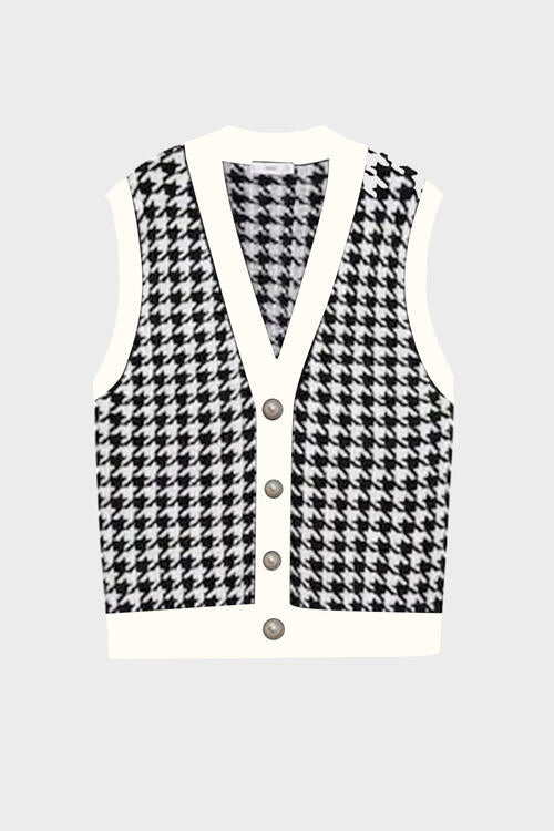 Houndstooth Button Front Sweater Vest - WAZKA