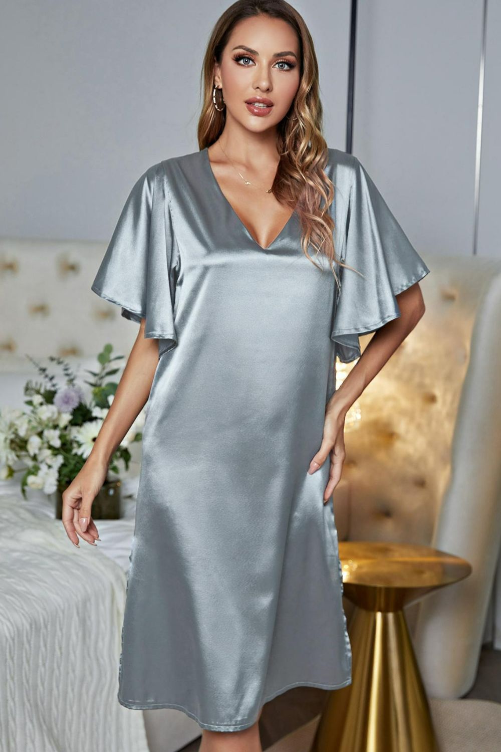 Satin Flutter Sleeve Side Slit V-Neck Night Dress - WAZKA