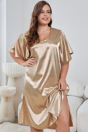 Plus Size Flutter Sleeve V-Neck Side Slit Night Gown - WAZKA