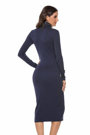 Ribbed Turtleneck Long Sleeve Dress - WAZKA