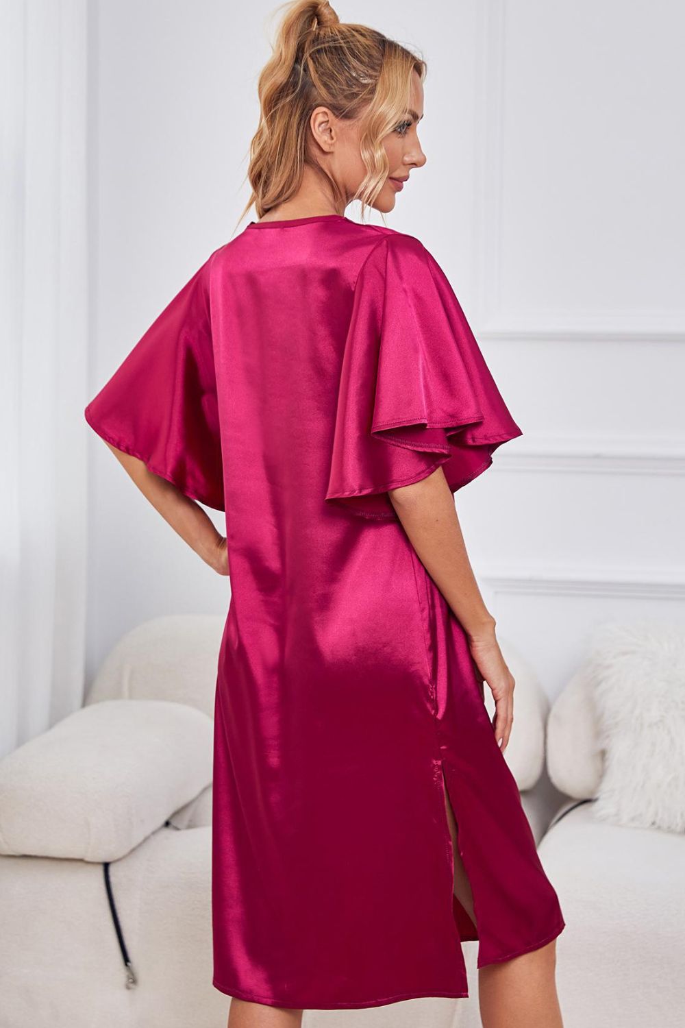 Satin Flutter Sleeve Side Slit V-Neck Night Dress - WAZKA