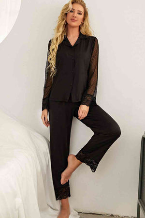 Spliced Lace Lapel Collar Pajama Set - WAZKA