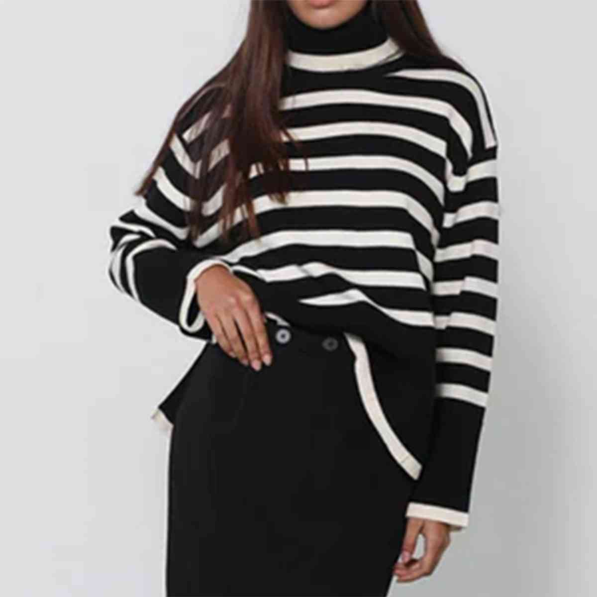 Striped Turtleneck Flare Sleeve Sweater - WAZKA