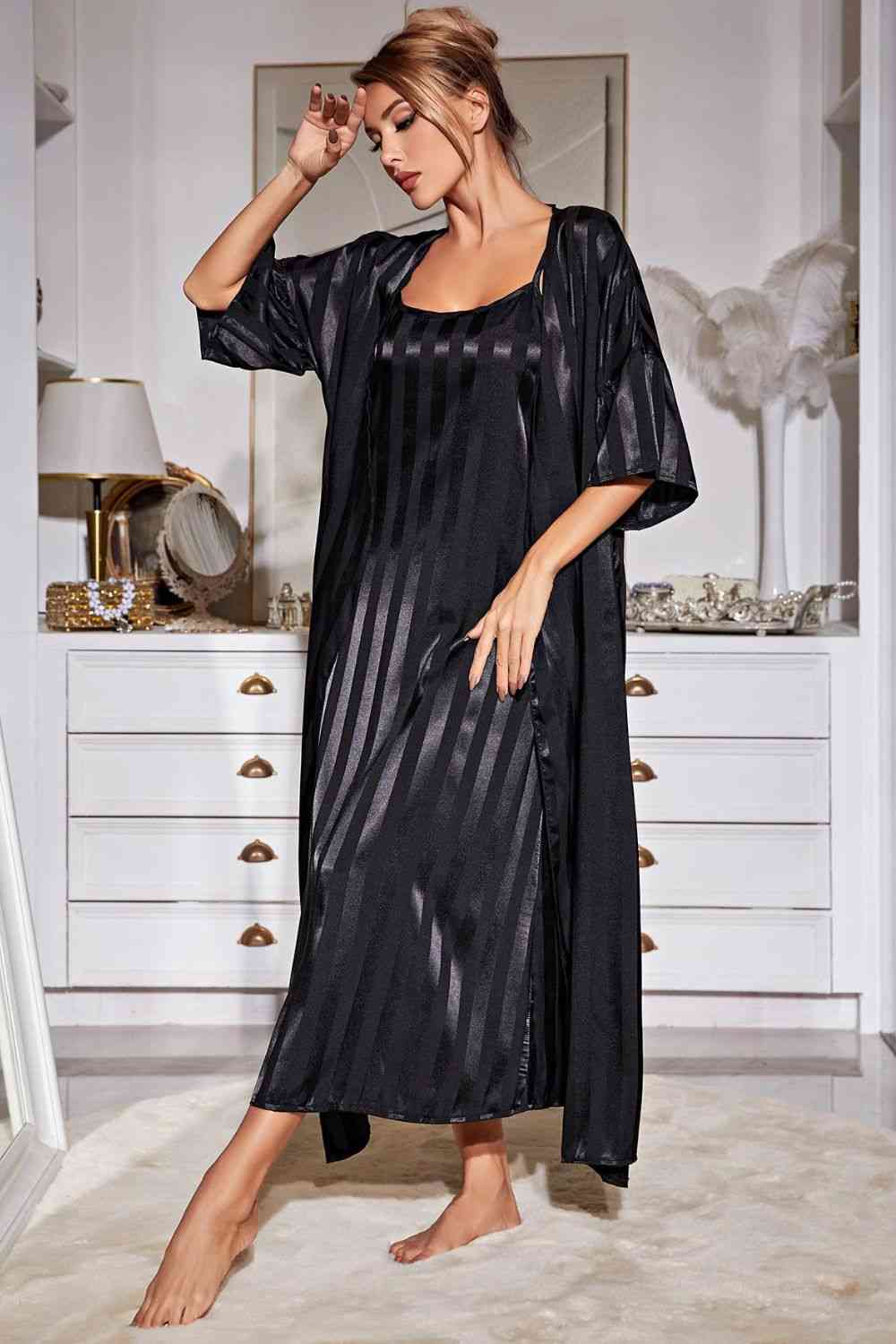 Striped Flounce Sleeve Open Front Robe and Cami Dress Set - WAZKA