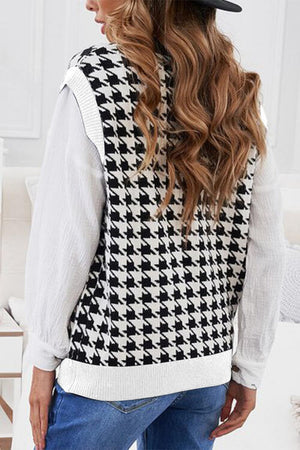 Houndstooth Button Front Sweater Vest - WAZKA