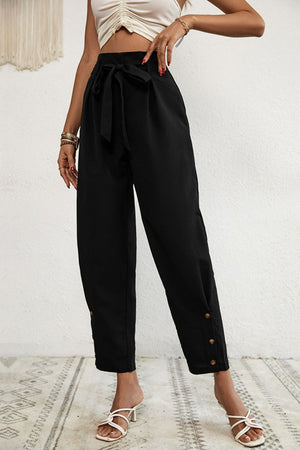 Buttoned Tie-Waist Cropped Pants - WAZKA