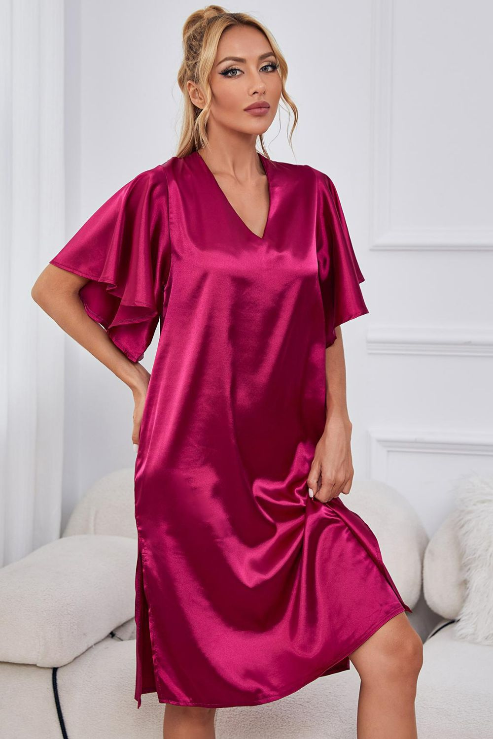 Satin Flutter Sleeve Side Slit V-Neck Night Dress - WAZKA