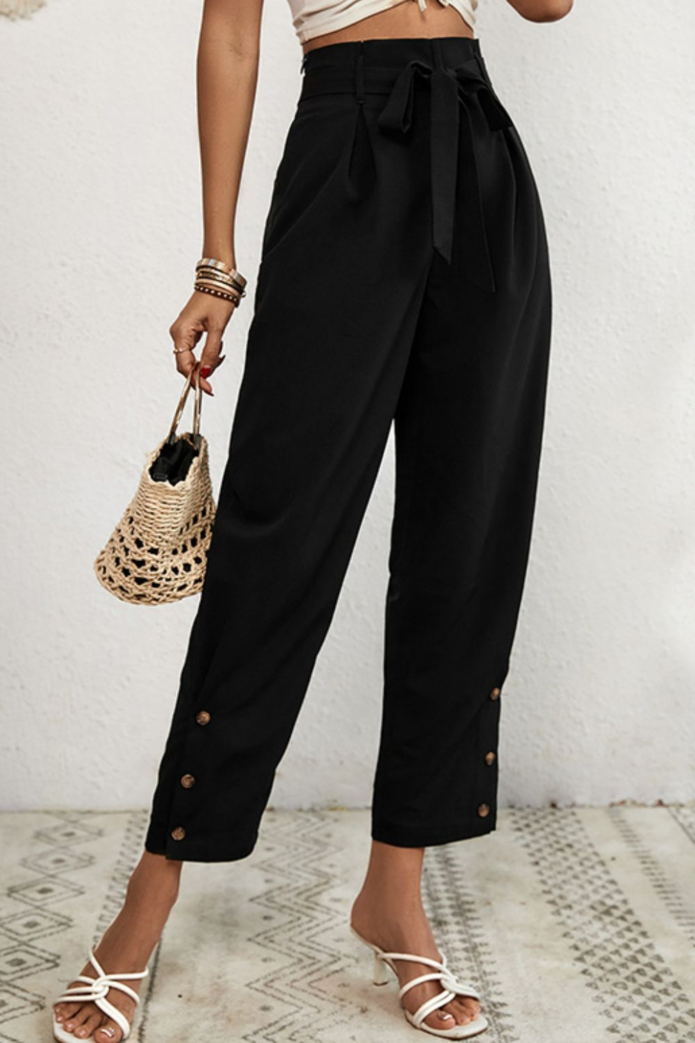 Buttoned Tie-Waist Cropped Pants - WAZKA