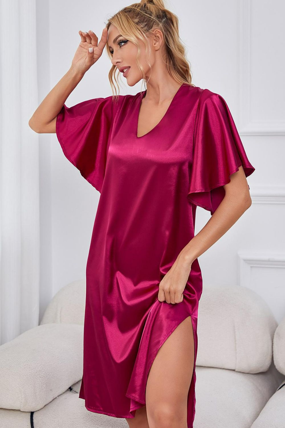 Satin Flutter Sleeve Side Slit V-Neck Night Dress - WAZKA