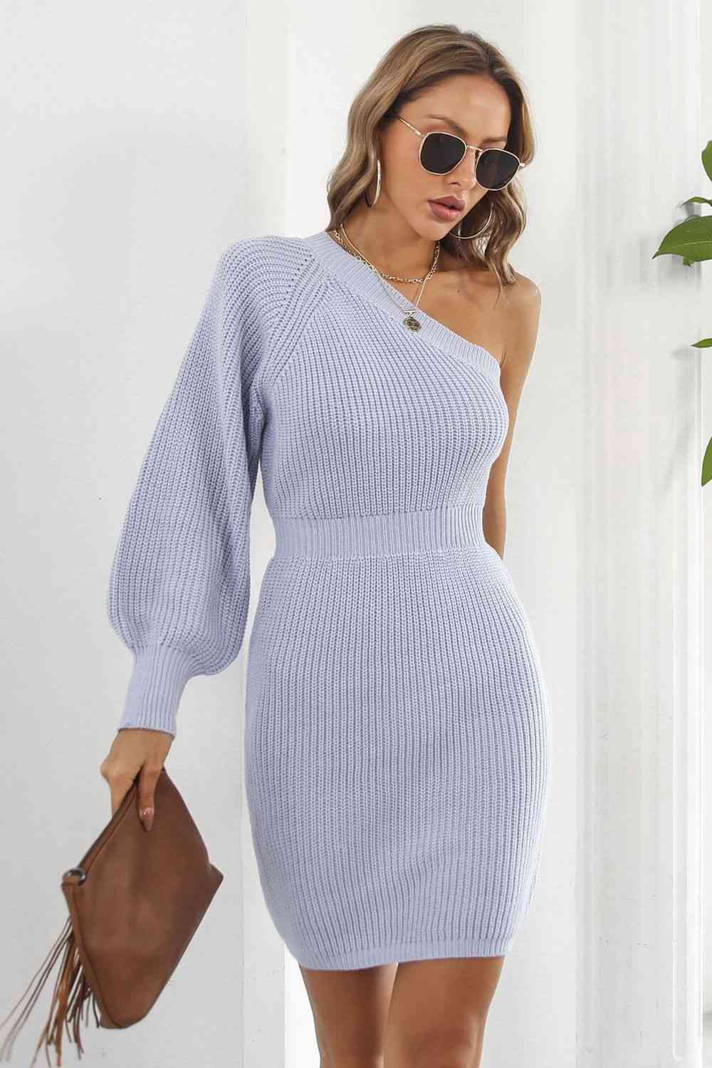 One Shoulder Raglan Sleeve Pencil Sweater Dress - WAZKA