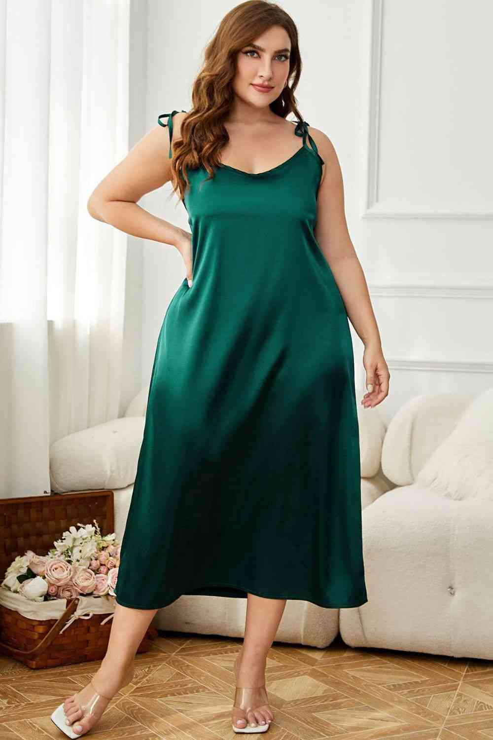 Plus Size Tie-Shoulder Midi Night Dress - WAZKA