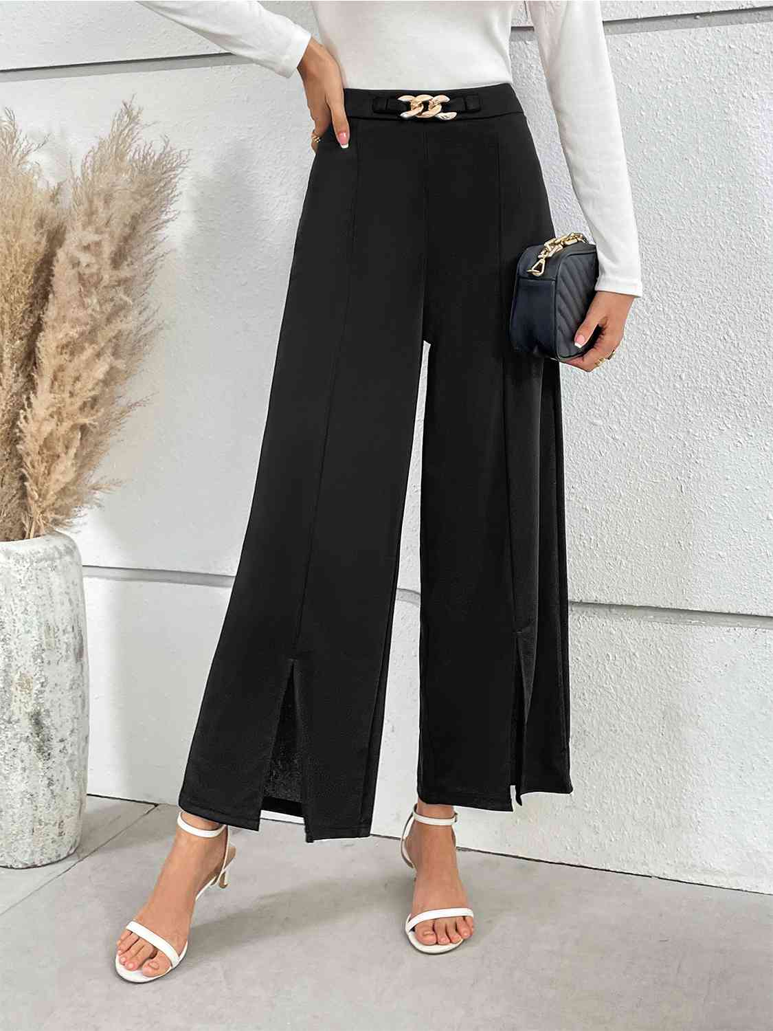 Chain Detail Slit Straight Pants - WAZKA