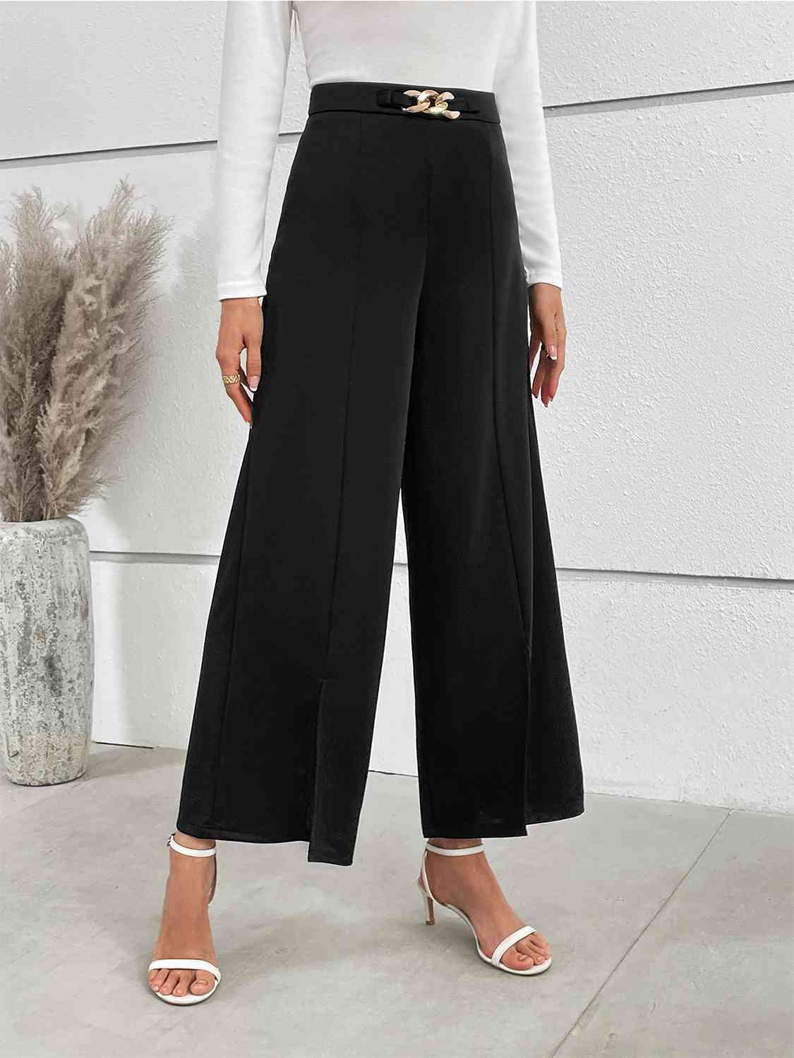 Chain Detail Slit Straight Pants - WAZKA