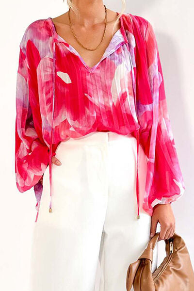 Printed Tie Neck Balloon Sleeve Blouse