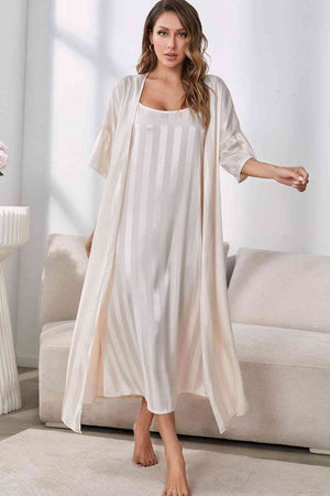 Striped Flounce Sleeve Open Front Robe and Cami Dress Set - WAZKA