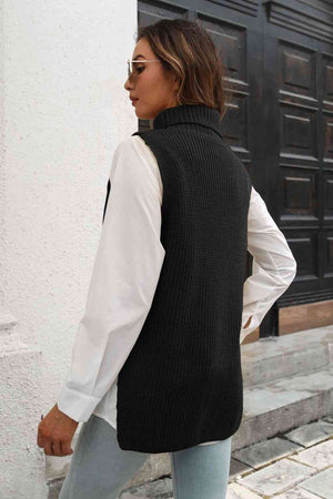 Ribbed Mock Neck Sleeveless Sweater Vest - WAZKA