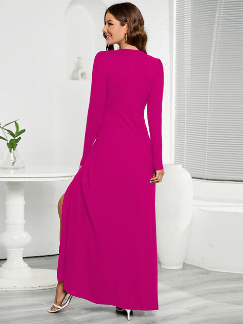 V-Neck Long Sleeve Split Dress - WAZKA