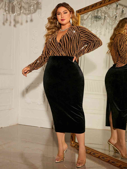 Plus Size Surplice Neck Long Sleeve Slit Dress - WAZKA