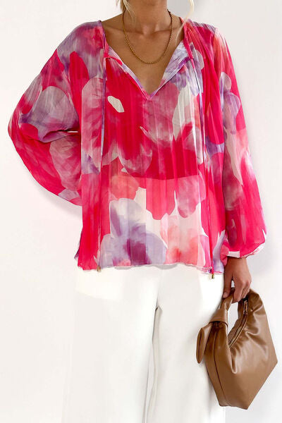 Printed Tie Neck Balloon Sleeve Blouse