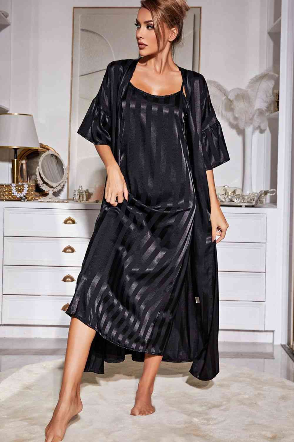 Striped Flounce Sleeve Open Front Robe and Cami Dress Set - WAZKA