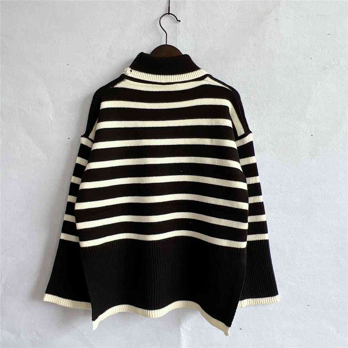 Striped Turtleneck Flare Sleeve Sweater - WAZKA