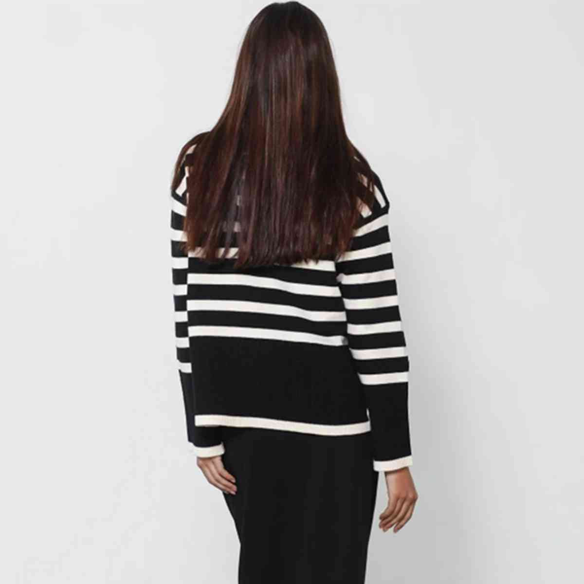 Striped Turtleneck Flare Sleeve Sweater - WAZKA