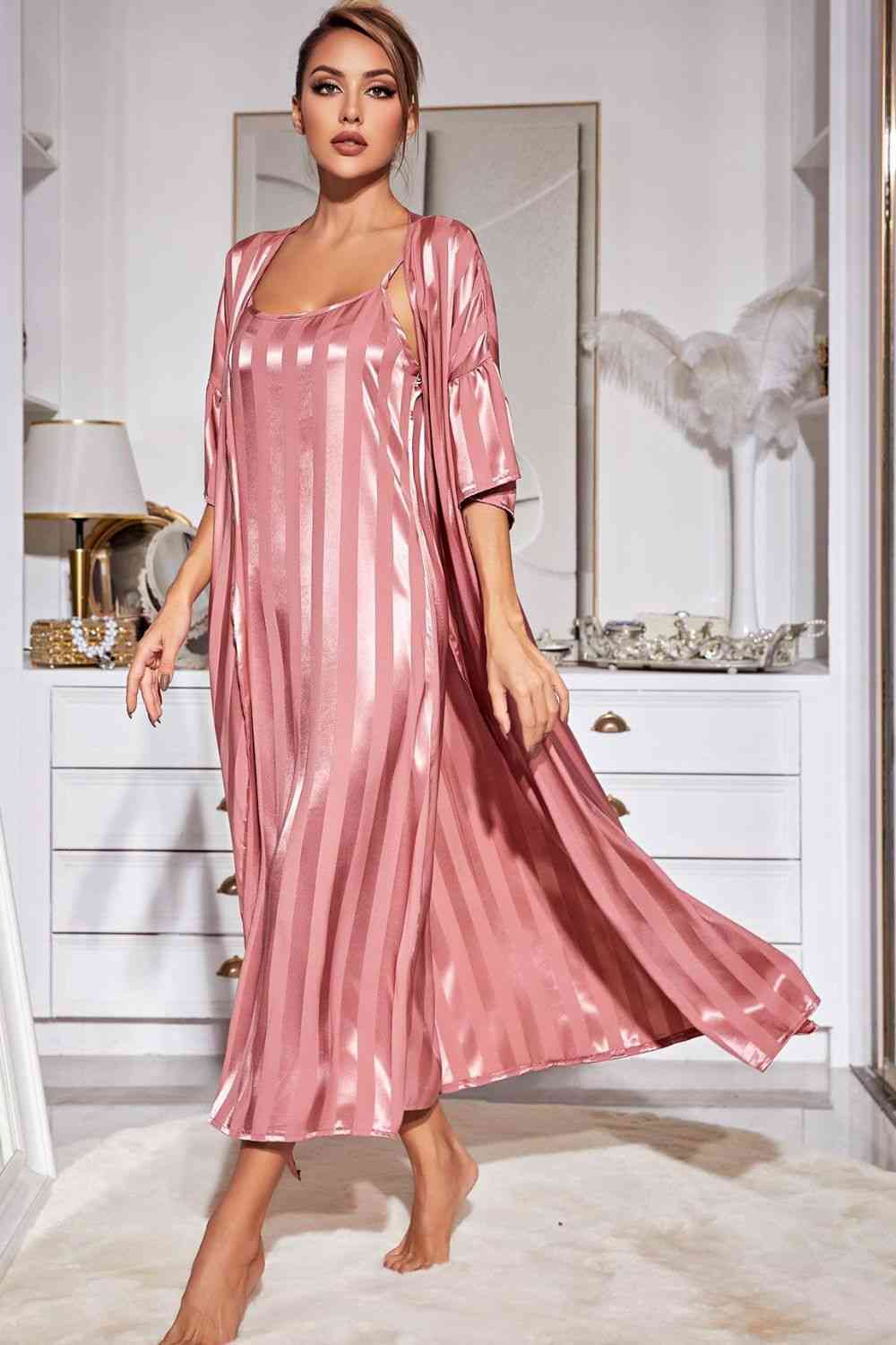 Striped Flounce Sleeve Open Front Robe and Cami Dress Set - WAZKA