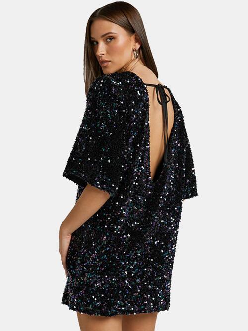 Sequin Tie Back Half Sleeve Mini Dress - WAZKA