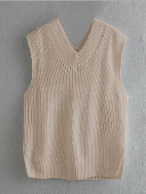 Ribbed V-Neck Sleeveless Sweater Vest - WAZKA