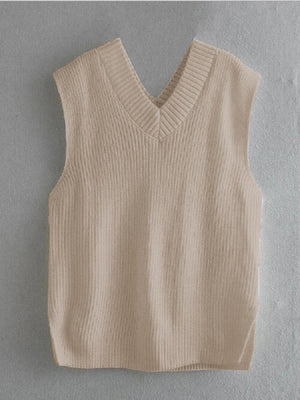 Ribbed V-Neck Sleeveless Sweater Vest - WAZKA