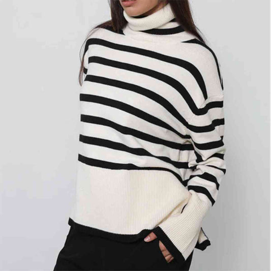 Striped Turtleneck Flare Sleeve Sweater - WAZKA