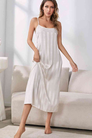 Striped Flounce Sleeve Open Front Robe and Cami Dress Set - WAZKA