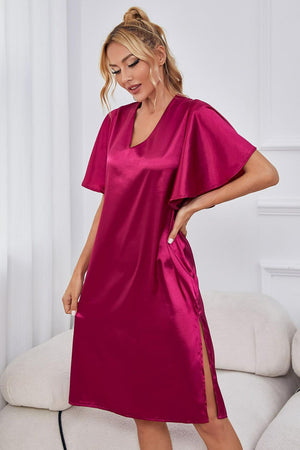 Satin Flutter Sleeve Side Slit V-Neck Night Dress - WAZKA