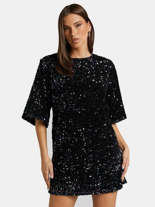 Sequin Tie Back Half Sleeve Mini Dress - WAZKA